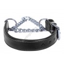 Adjustable PADDED Half check / Martingale Leather Dog Collar - Black with Black Lining. (Stainless Steel Chain)